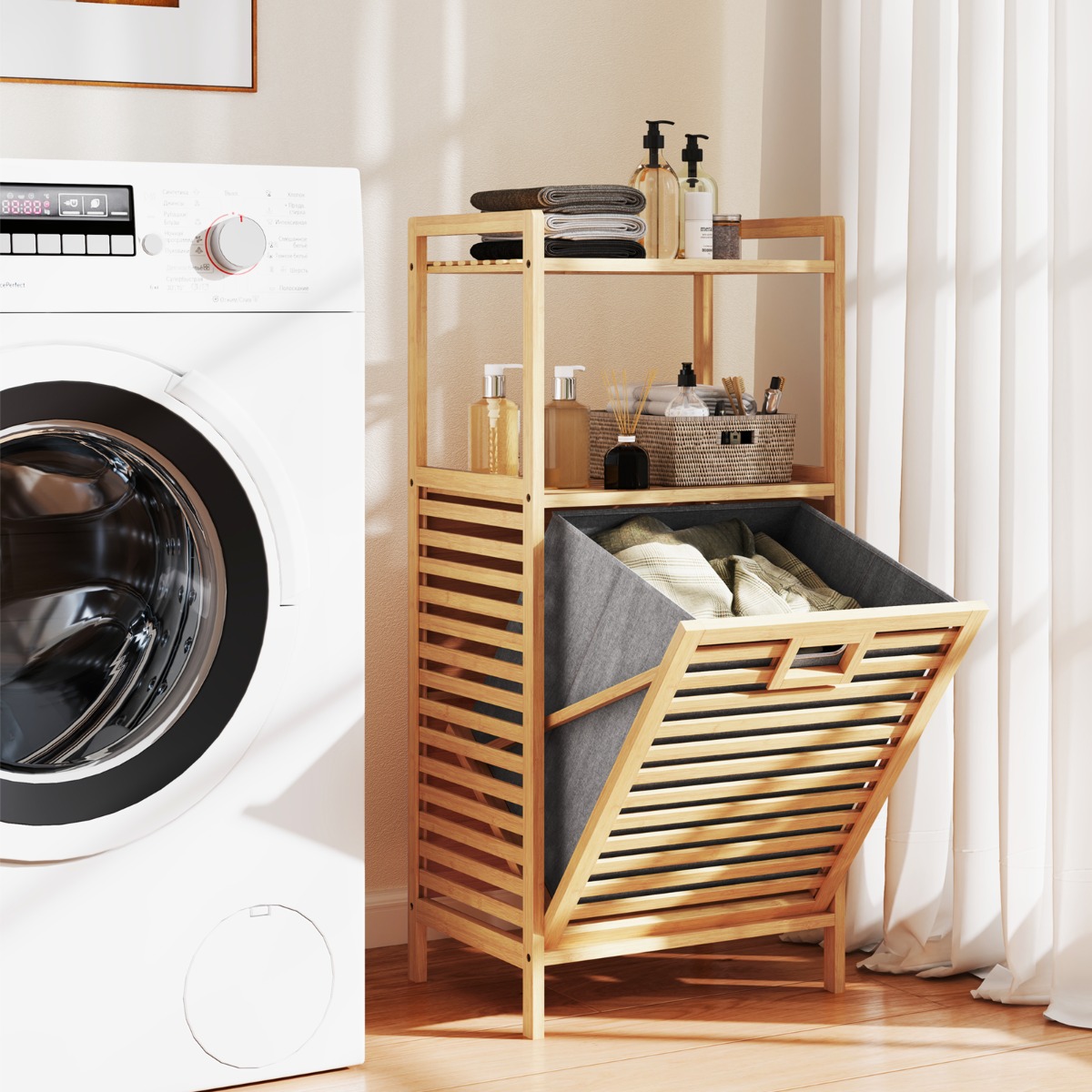 Costway Badkamerrek met Wasmand Bamboe Plank Badkamerkast met 2 Planken en Uitklapbare Mand van Stof Wasverzamelaar voor Badkamer