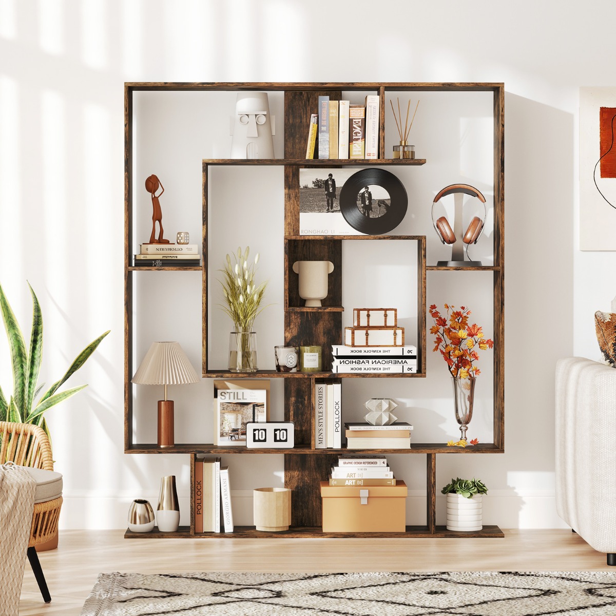 Costway Boekenkast met 7 Niveaus Geometrische Boekenkast met 2 Anti-Kantelsets Staande Opbergorganizer Open Displayplank voor Kantoor