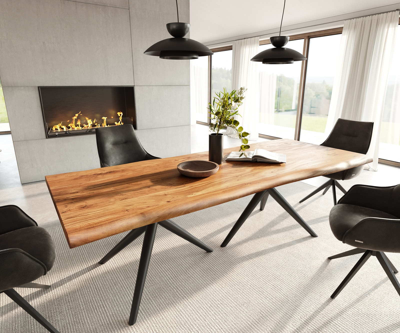 DELIFE Esstisch Edge 240x100 Akazie Natur Estelar rund Metall Schwarz Live-Edge