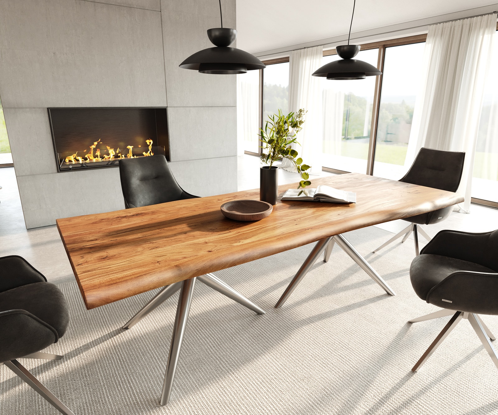 DELIFE Esstisch Edge 240x100 Akazie Natur Estelar rund Edelstahl Live-Edge