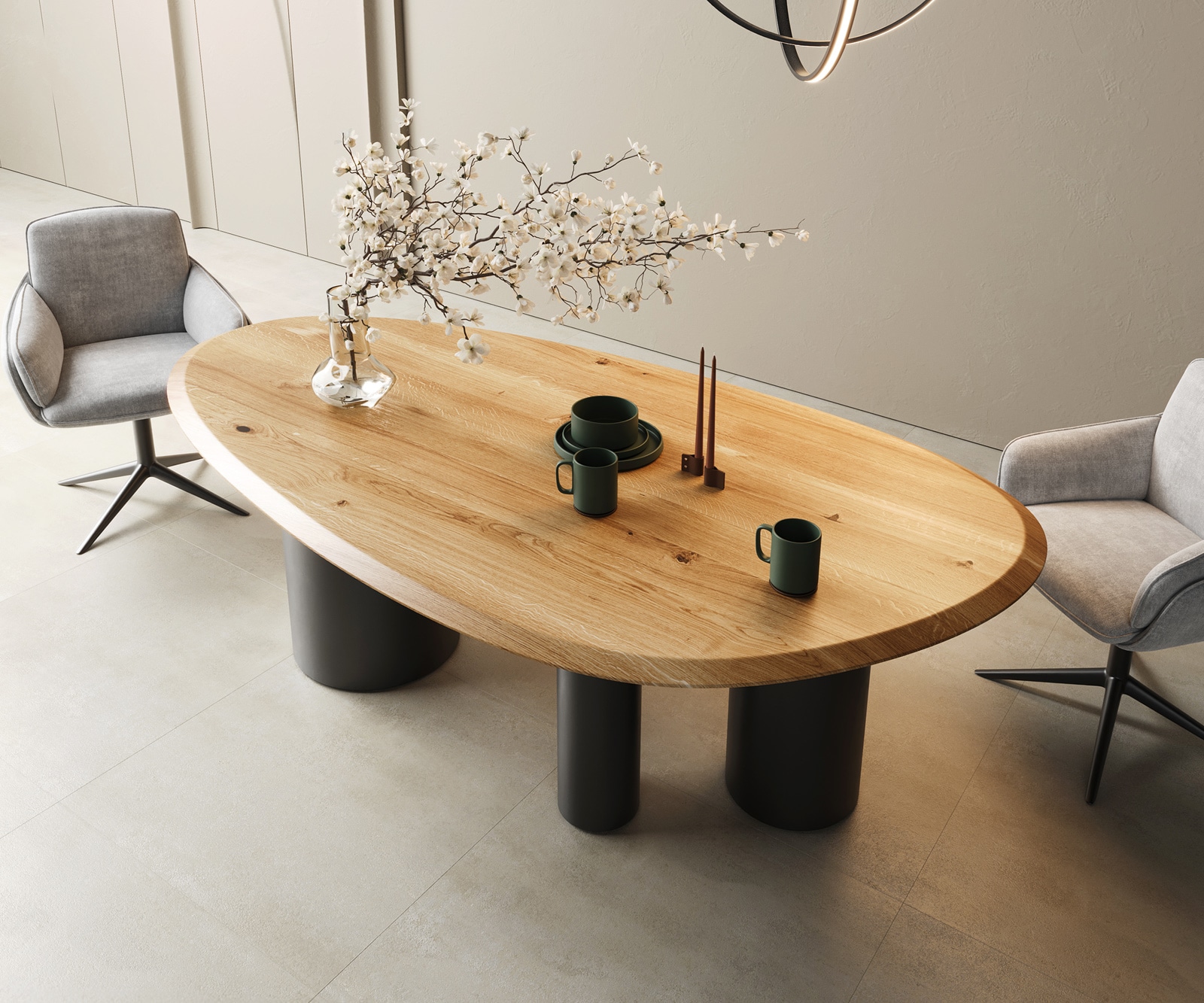DELIFE Esstisch Edge Oval 220x120x2,5 Eiche Natur Troa Metall Schwarz Flow-Edge