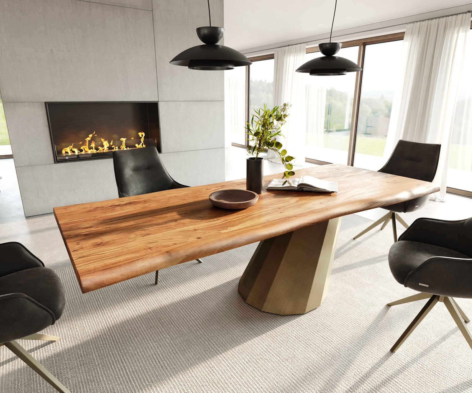 DELIFE Esstisch Edge 240x100 Akazie Natur Parabel Metallic Gold Live-Edge