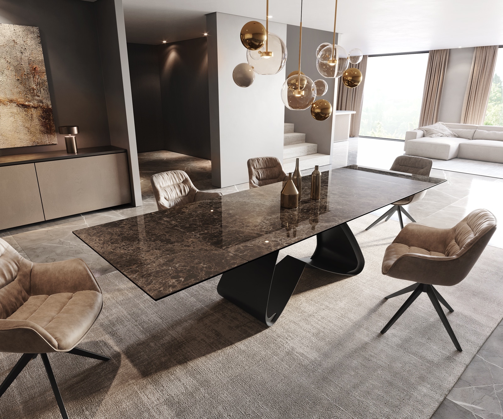 DELIFE Esstisch Edge 200-300x100 Keramik Laminam Emperador Extra Lucidato Dunkelbraun W-Gestell Schwarz ausziehbar