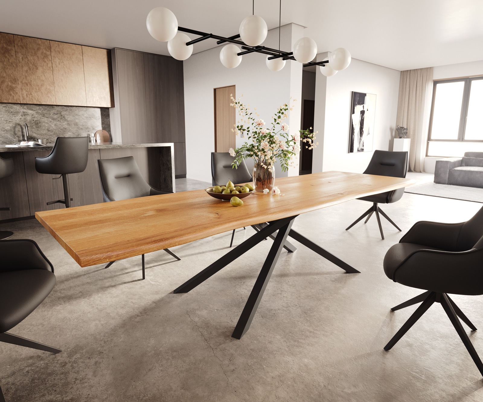 DELIFE Esstisch Edge 300x100x4 Eiche Natur Kreuzgestell Rechteck Schwarz Live-Edge