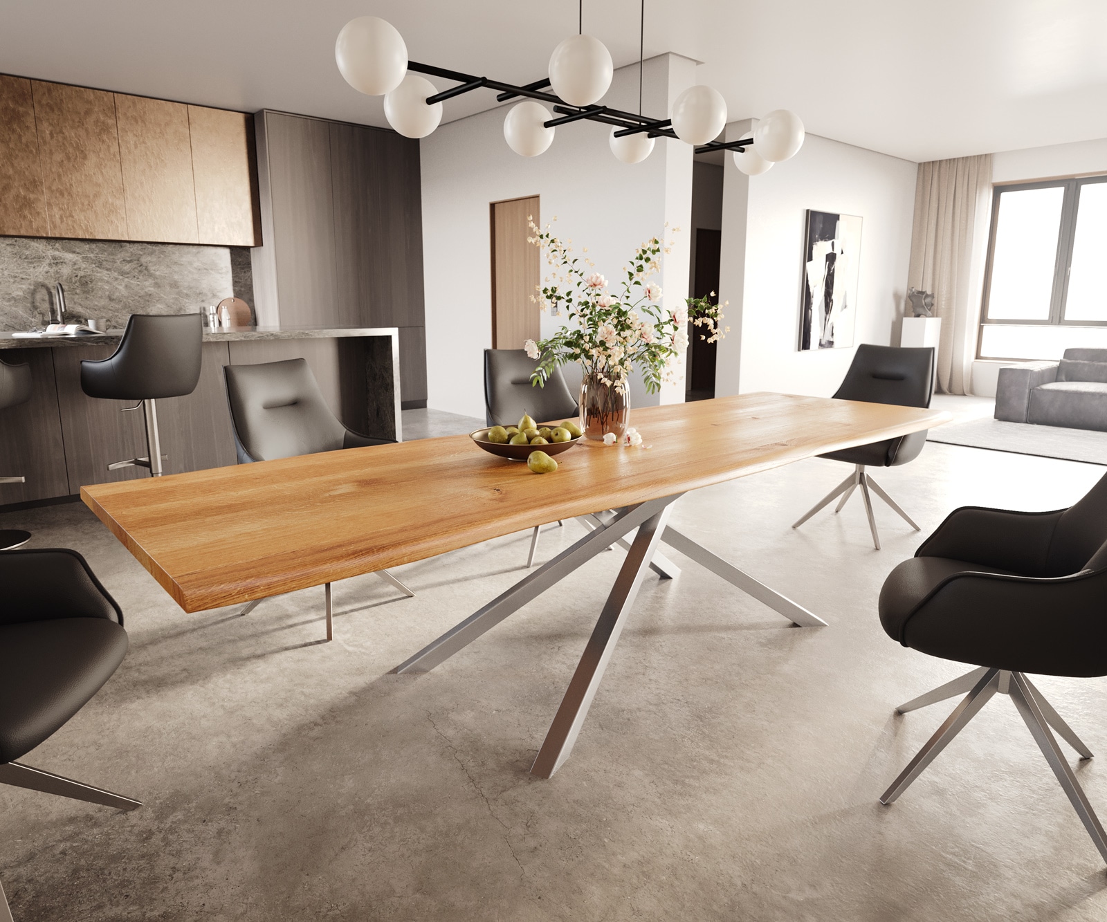 DELIFE Esstisch Edge 300x100x4 Eiche Natur Kreuzgestell Rechteck Edelstahl Live-Edge