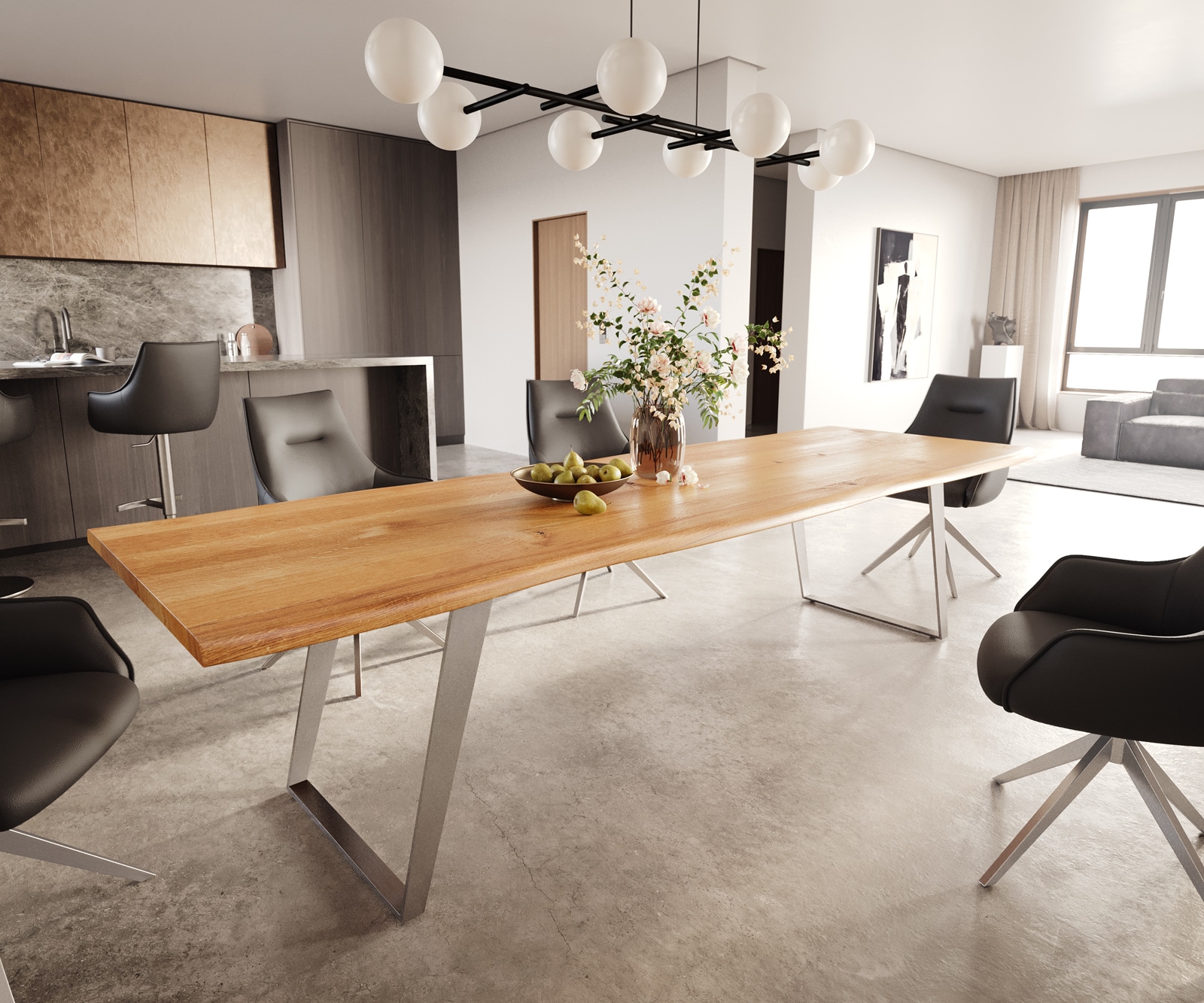 DELIFE Esstisch Edge 300x100x4 Eiche Natur Edelstahl Schräg Live-Edge