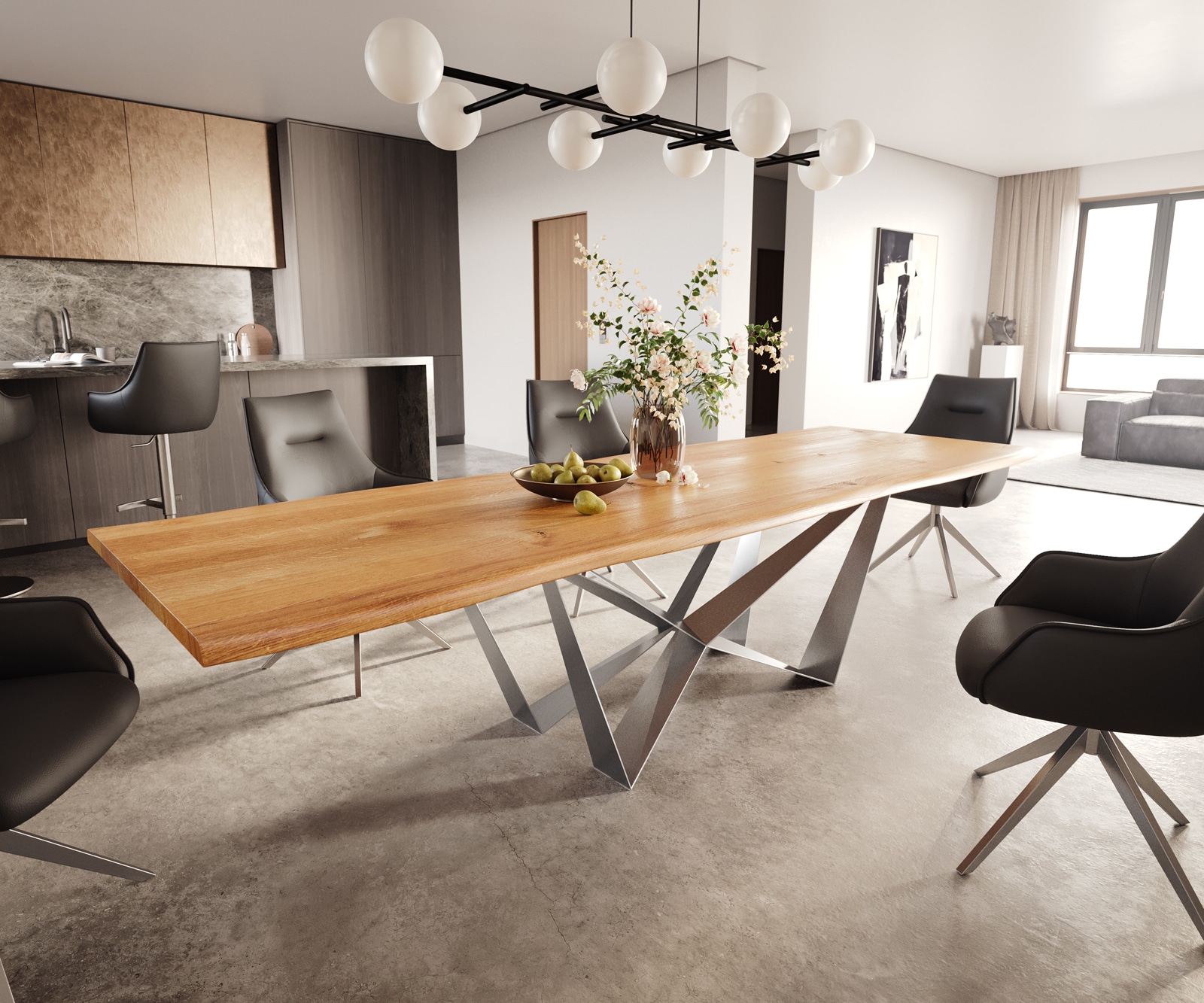 DELIFE Esstisch Edge 300x100x4 Eiche Natur Spider Flachstahl Edelstahl Live-Edge