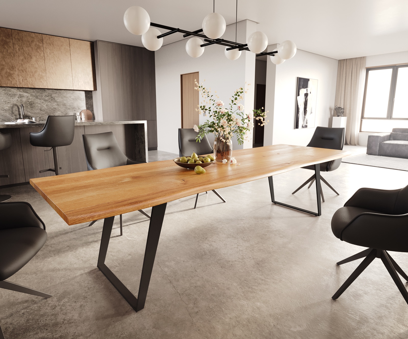 DELIFE Esstisch Edge 300x100x4 Eiche Natur Metall Schräg Schwarz Live-Edge