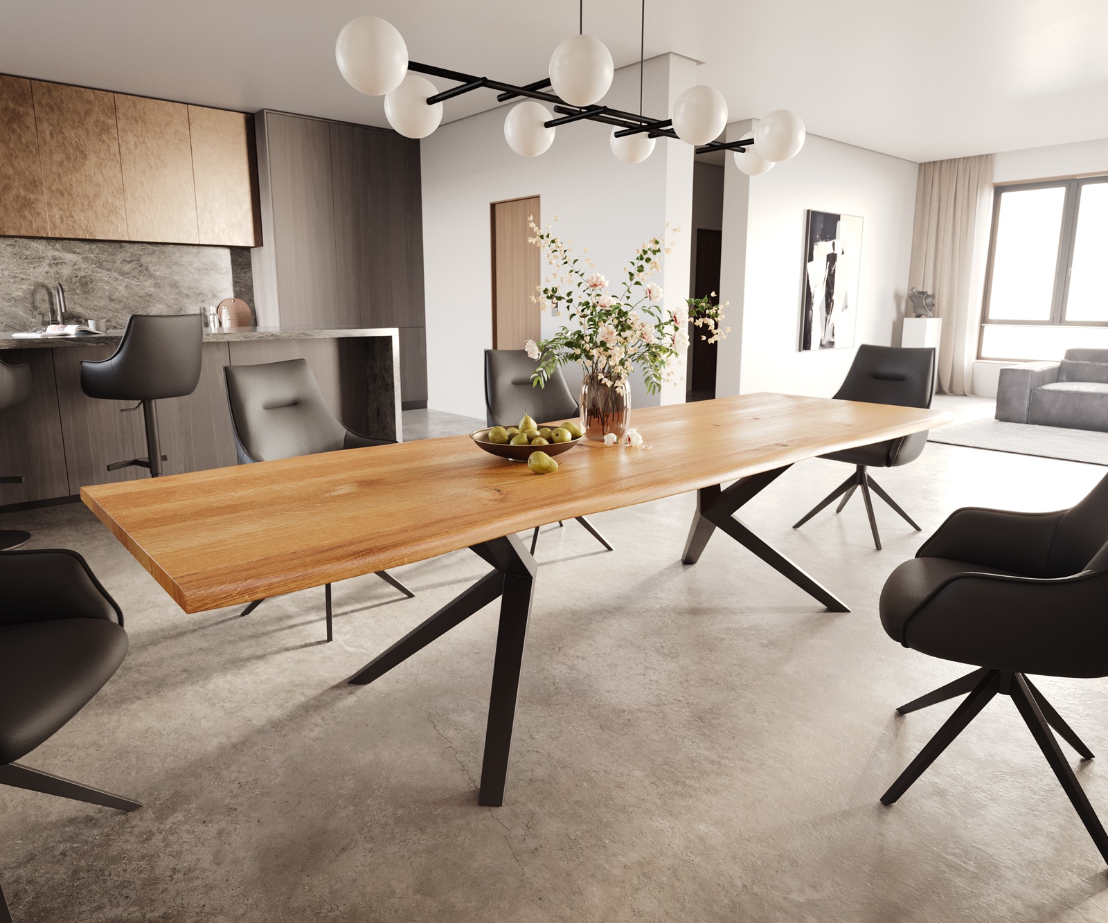 DELIFE Esstisch Edge 300x100x4 Eiche Natur Zenthara kantig Metall Schwarz Live-Edge