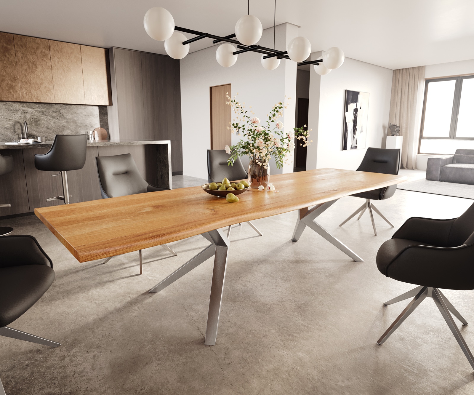 DELIFE Esstisch Edge 300x100x4 Eiche Natur Zenthara kantig Edelstahl Live-Edge