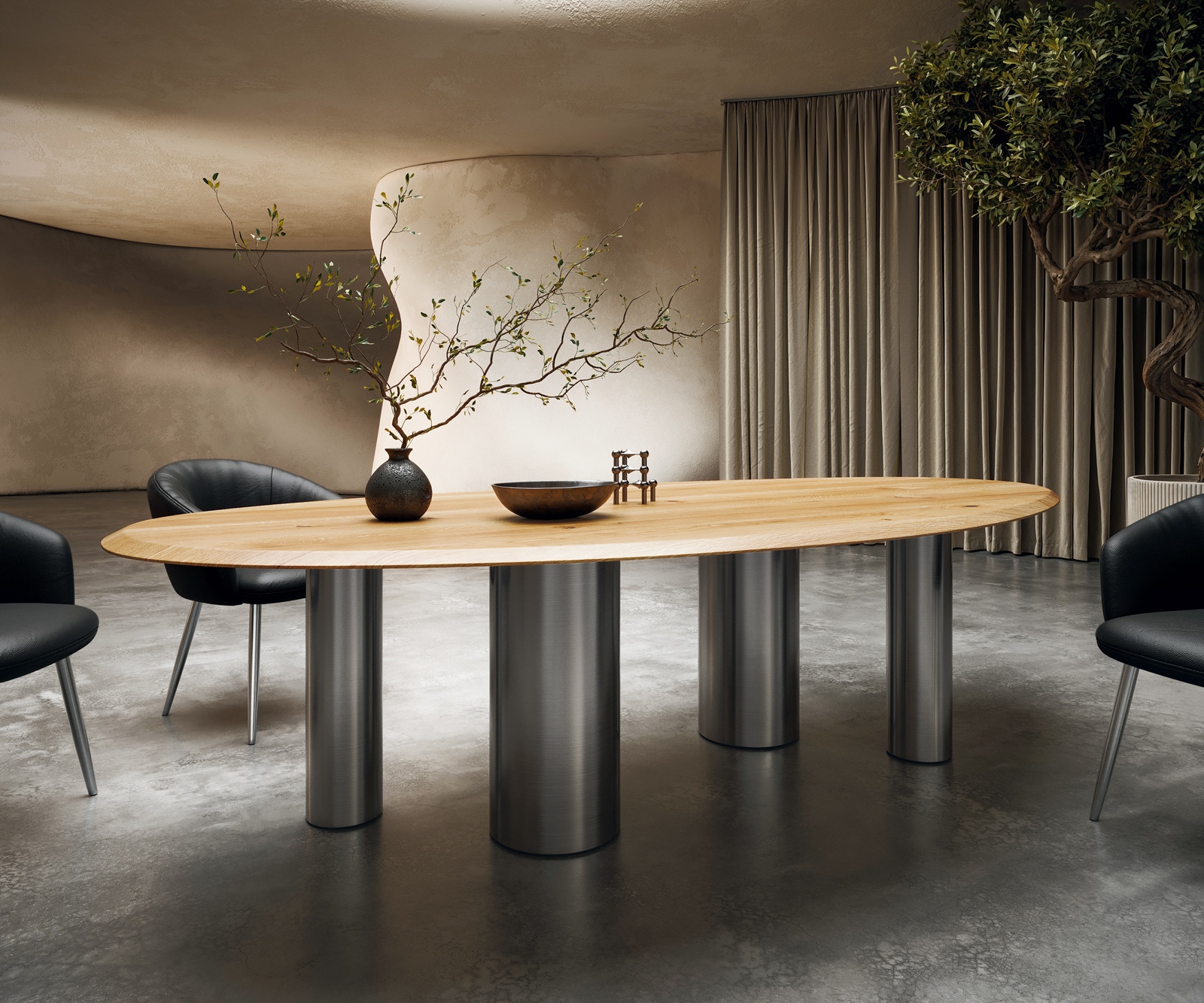 DELIFE Esstisch Edge Oval 280x130x2,5 Eiche Natur Pilier Edelstahl gebürstet Flow-Edge
