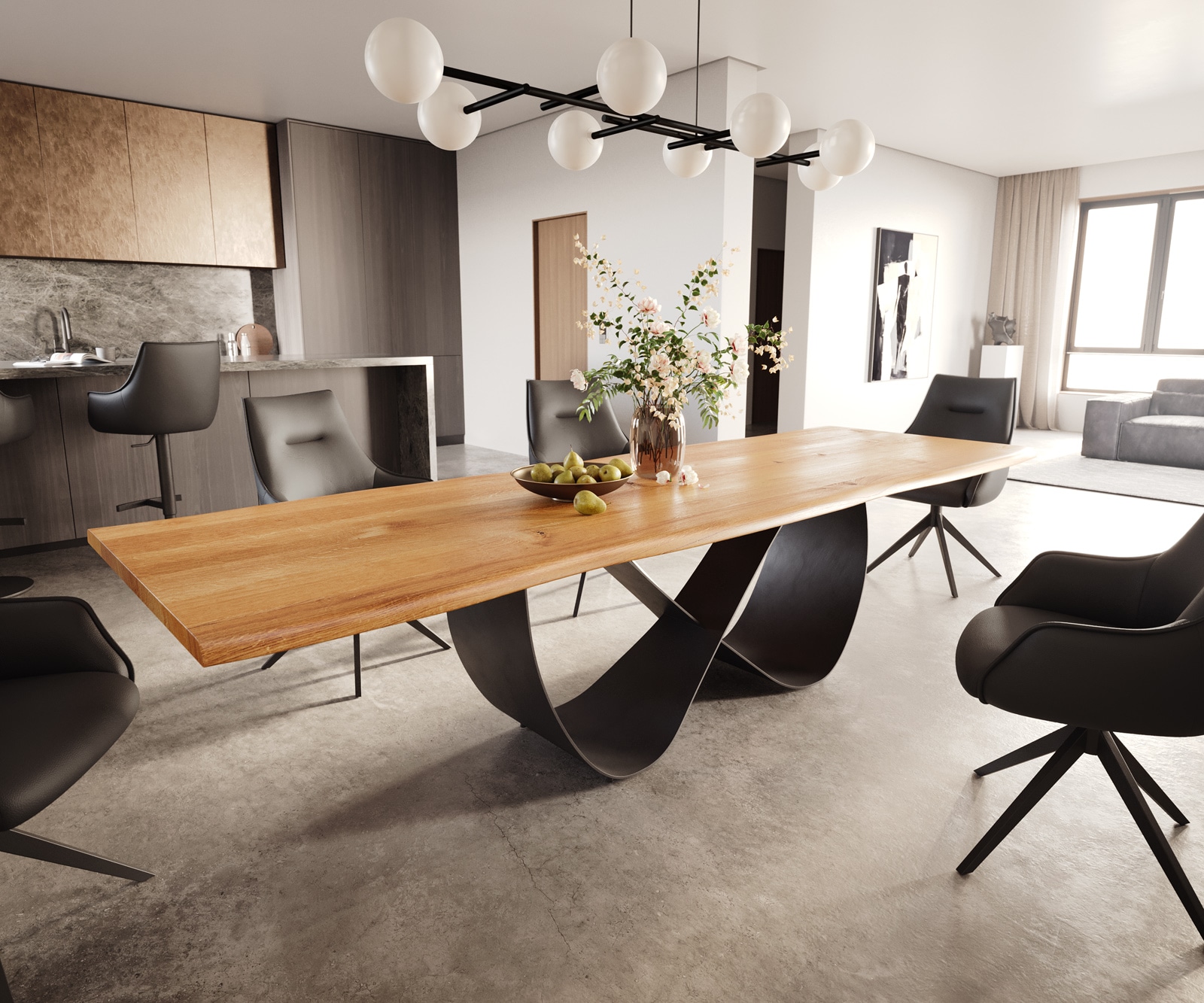 DELIFE Esstisch Edge 300x100x4 Eiche Natur Infinity Metall Schwarz Live-Edge