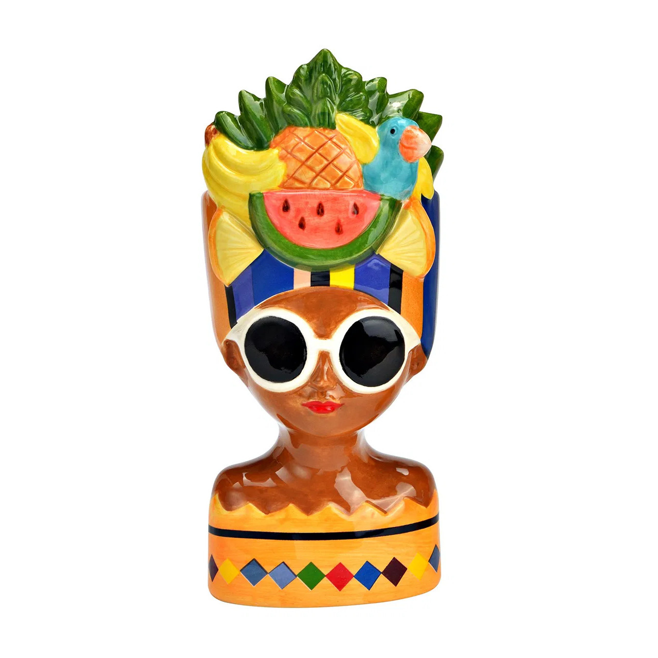 Merkloos Bloempot/vaas vrouwenhoofd - tropische dame met fruit - keramiek - 10 x 20 cm - hoofddoek -