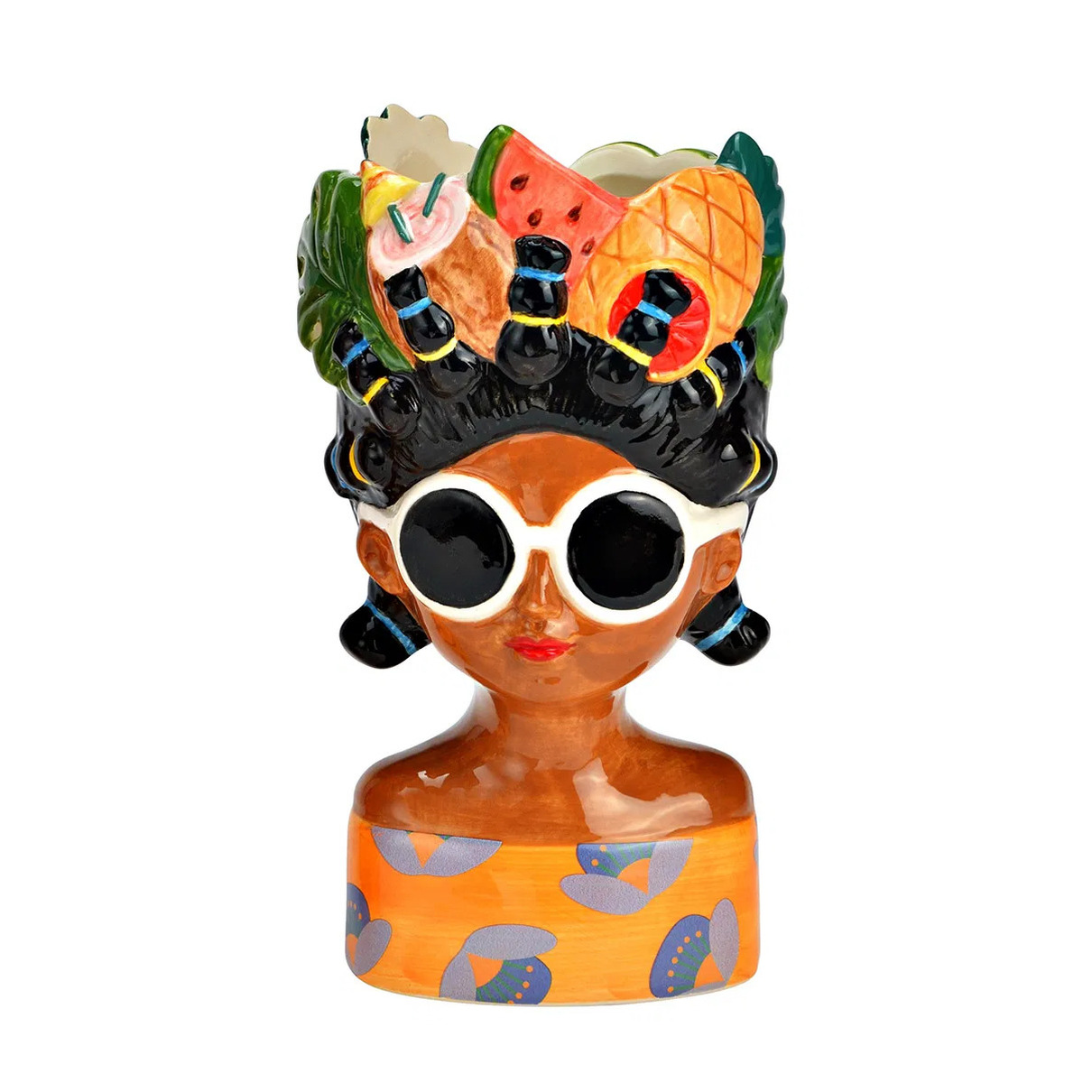 Merkloos Bloempot/vaas vrouwenhoofd - tropische dame met fruit - keramiek - 10 x 20 cm - knotjes -