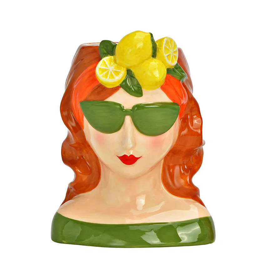 Merkloos Bloempot/vaas vrouwenhoofd - citroenen meisje - groen - keramiek - 14 x 19 x 12 cm -