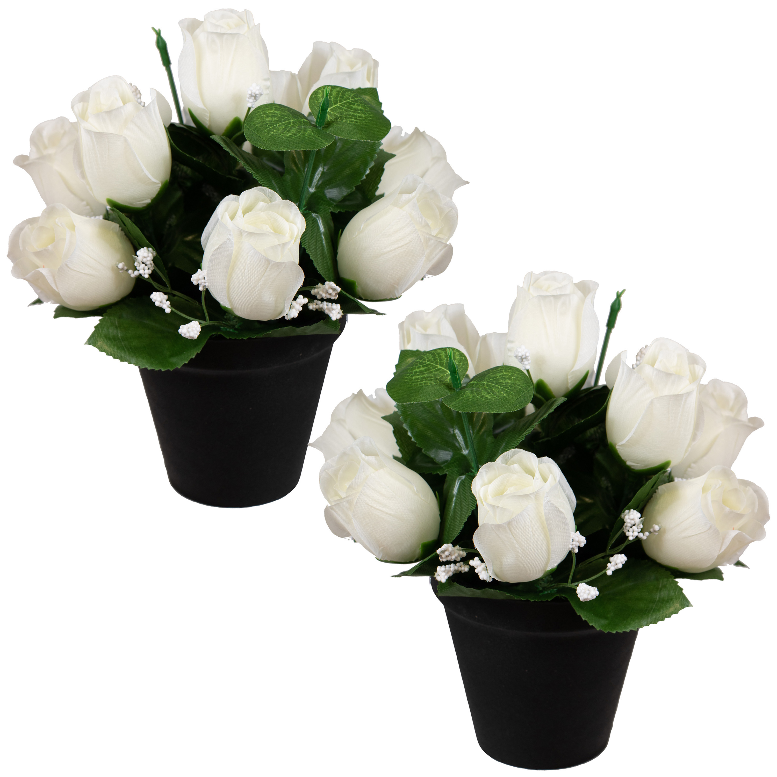 Louis Maes Kunstbloemen klein boeketje rozen in pot - 2x - wit - H25 cm - Bloemstuk - Bladgroen -