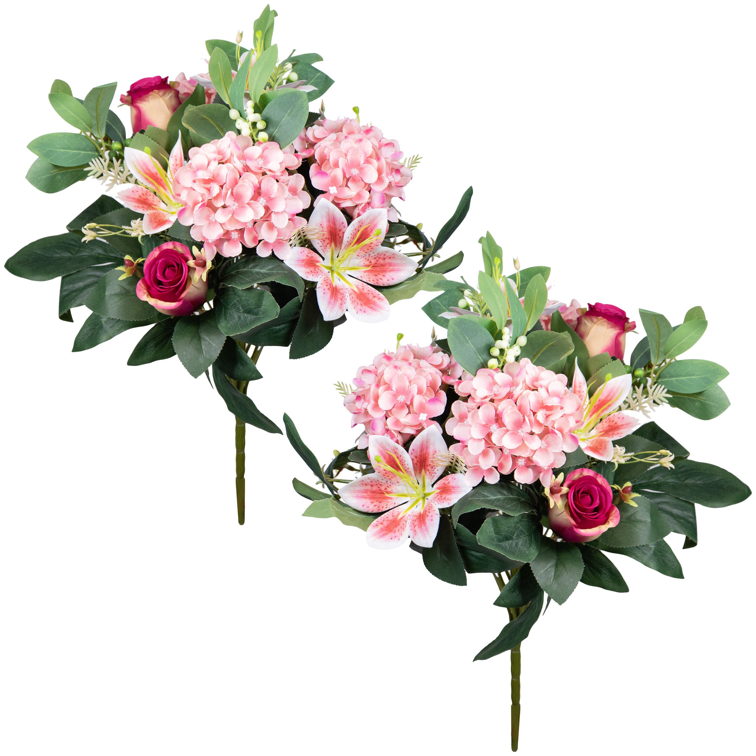 Louis Maes Kunstbloemen boeket roos/hortensia/lelie - 2x - roze/cerise - H39 cm - Bloemstuk -