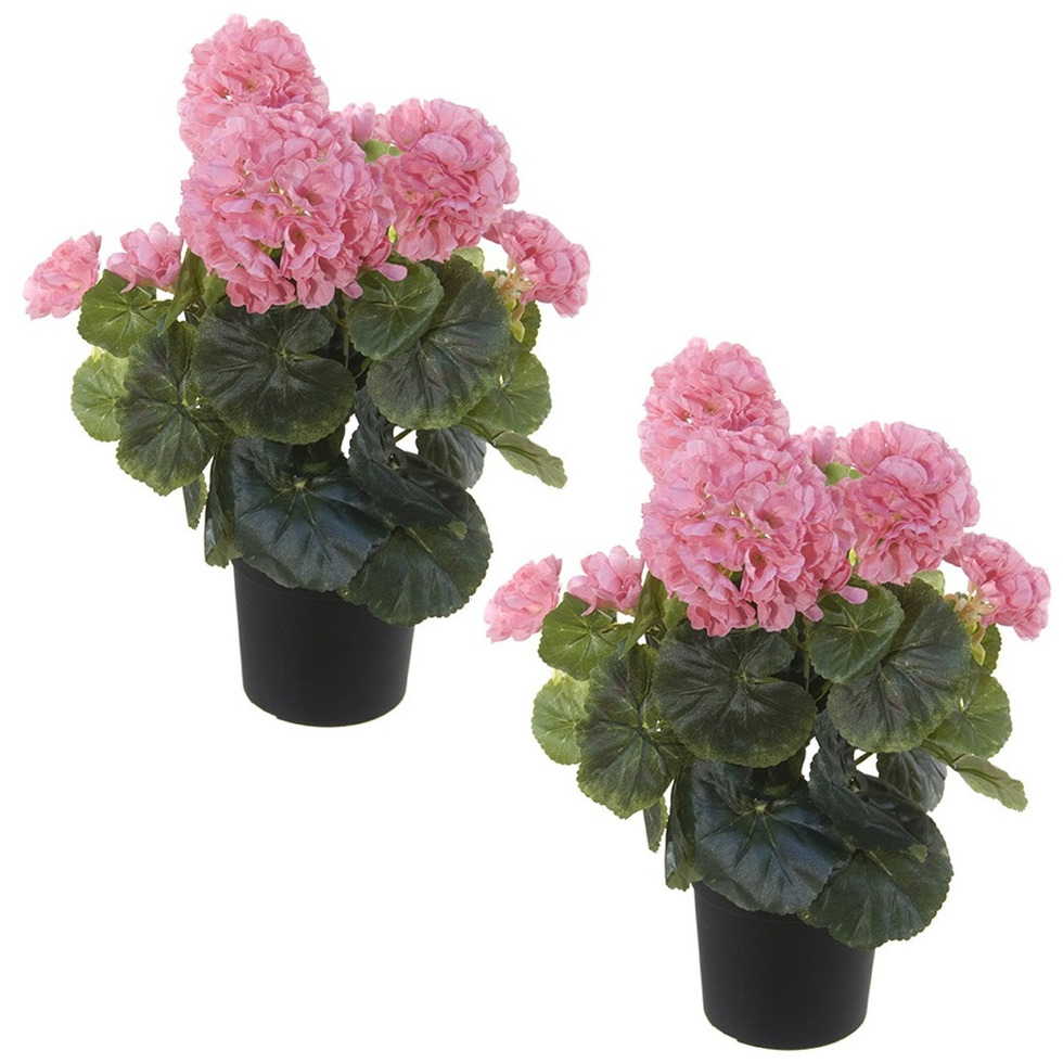 Louis Maes Kunstplant - Set van 2x stuks - Geranium - roze - in zwarte pot - 35 cm -