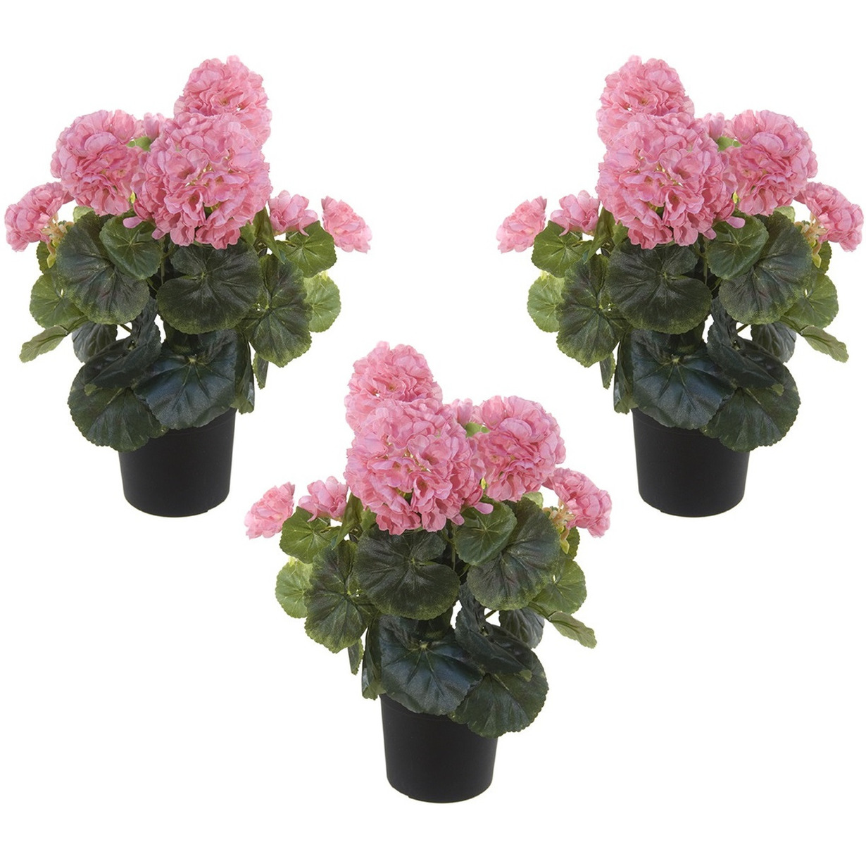 Louis Maes Kunstplant - Set van 3x stuks - Geranium - roze - in zwarte pot - 35 cm -