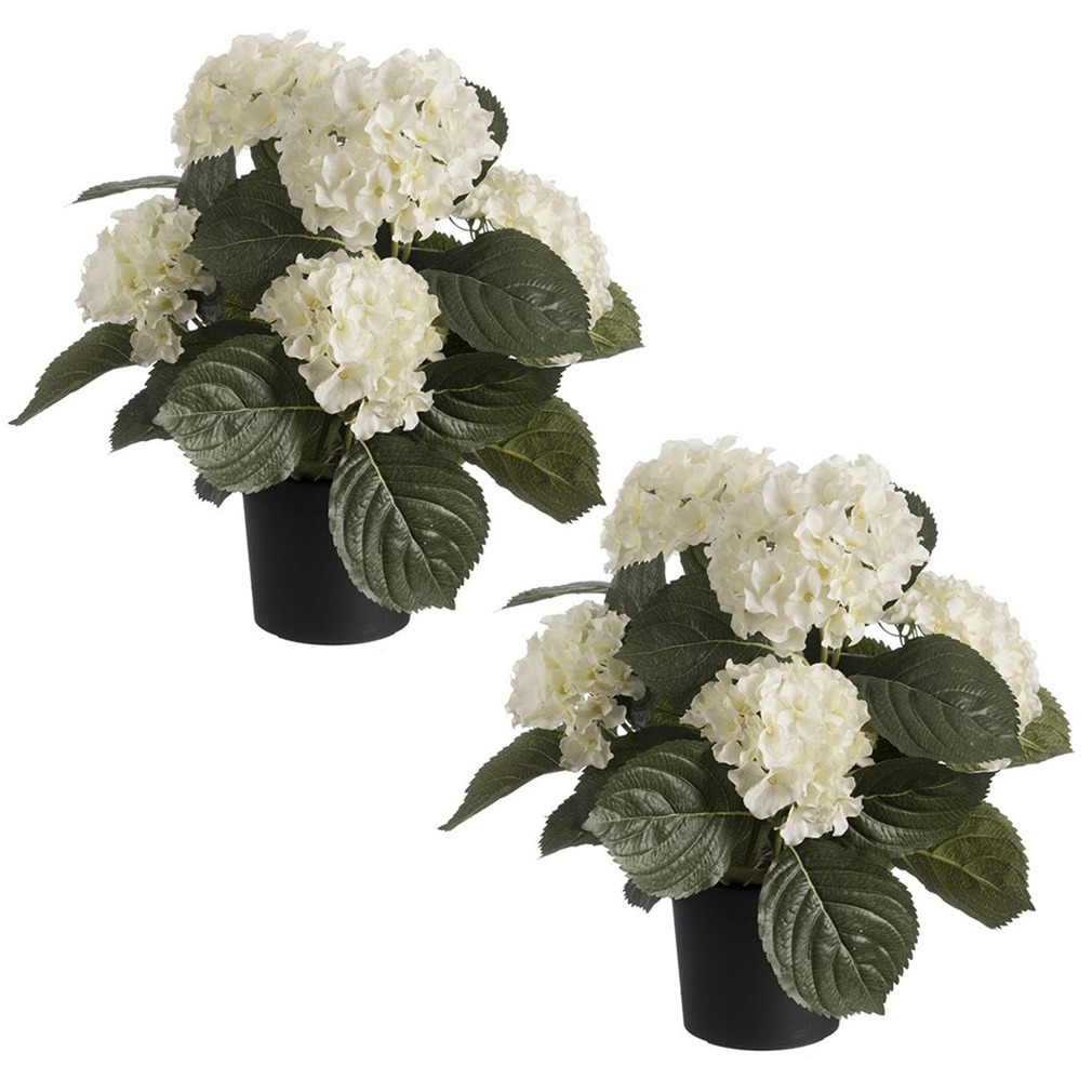 Louis Maes Kunstplant - 4x stuks - Hortensia hydrangea - wit - in pot - cm - met bloemen -
