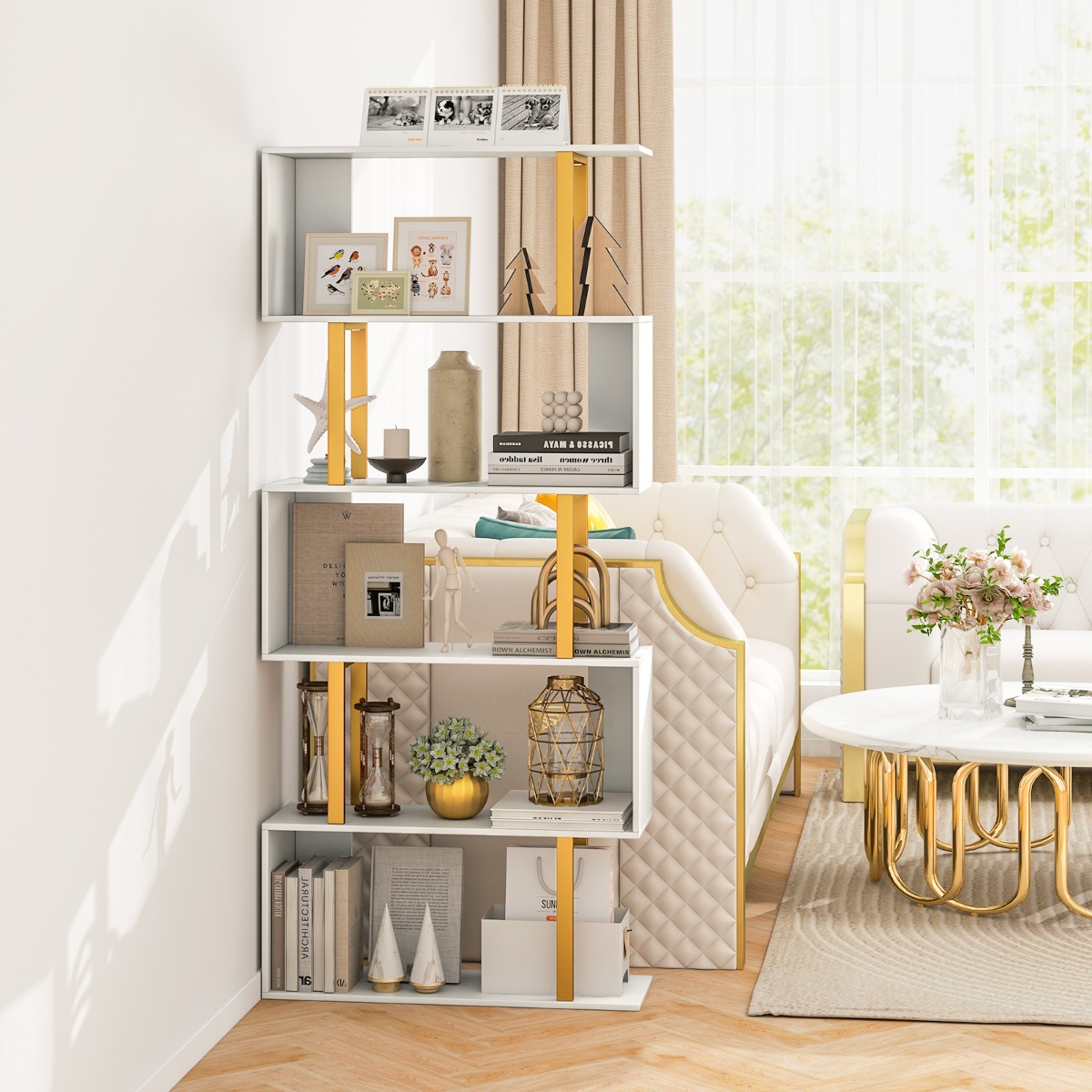 Costway Geometrische Boekenkast met 5 Niveaus 157 cm S-Vormige Plank Metalen Frame Moderne Vrijstaande Decoratieve Opbergplank