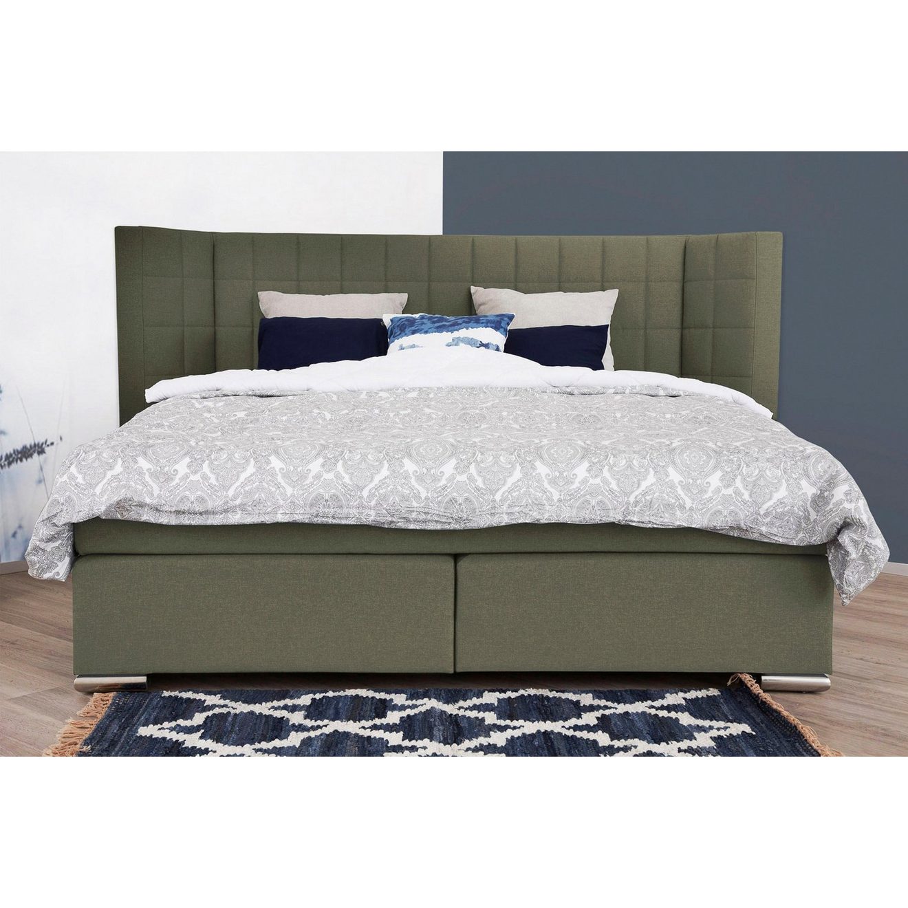 Places of Style Boxspring Piazza met stiksels en hoofdbord met vleugels opzij