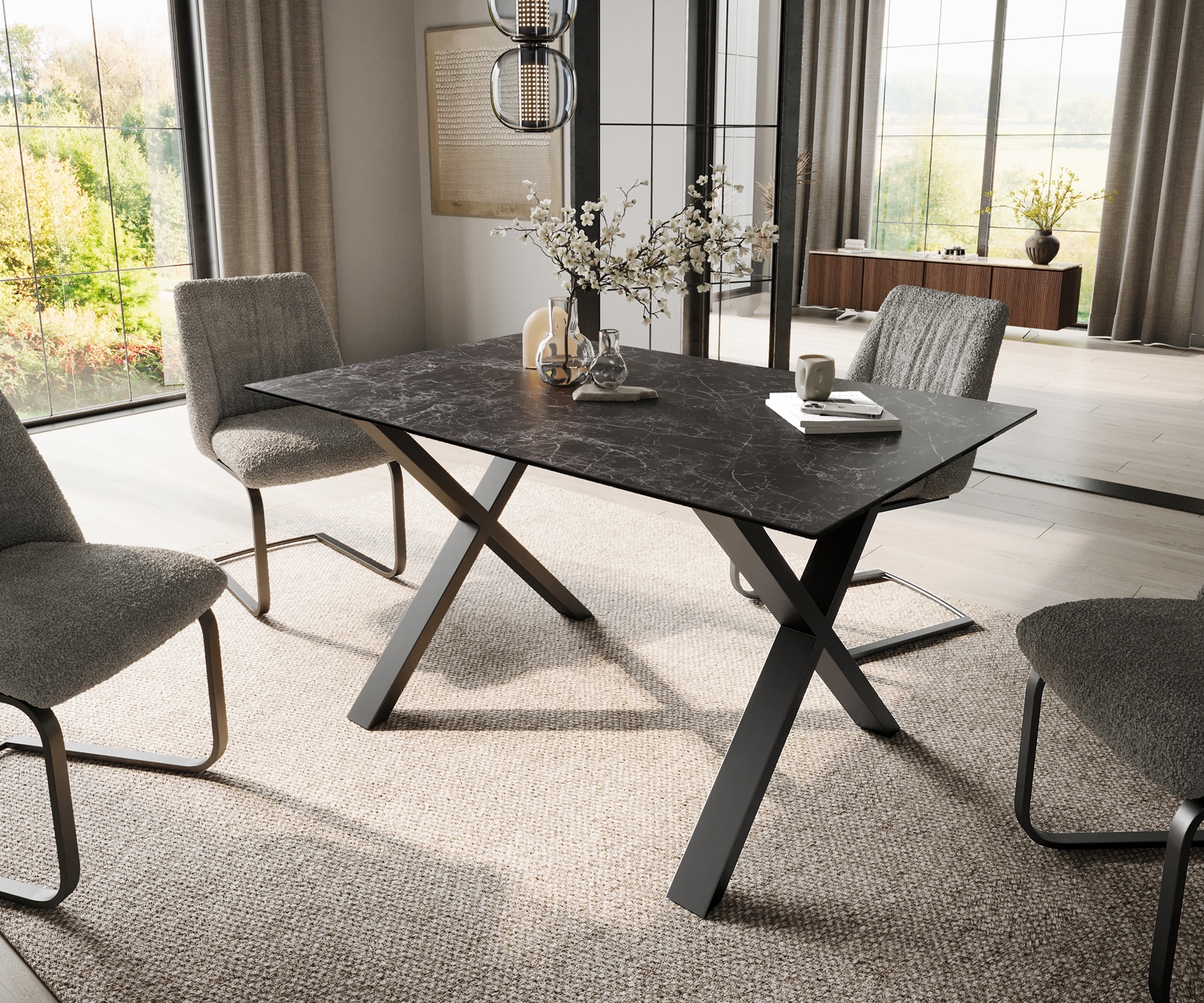 DELIFE Esstisch Edge 140x90 Keramik LaminamNero Greco Anthrazit X-Gestell Metall Schwarz