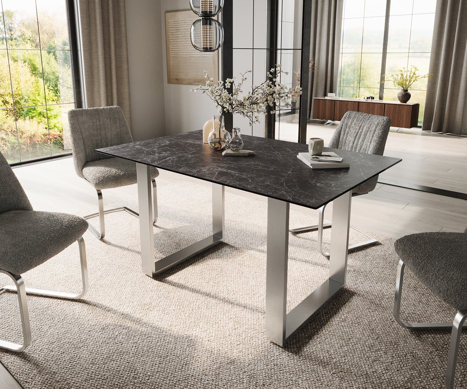 DELIFE Esstisch Edge 140x90 Keramik LaminamNero Greco Anthrazit Edelstahl Schmal