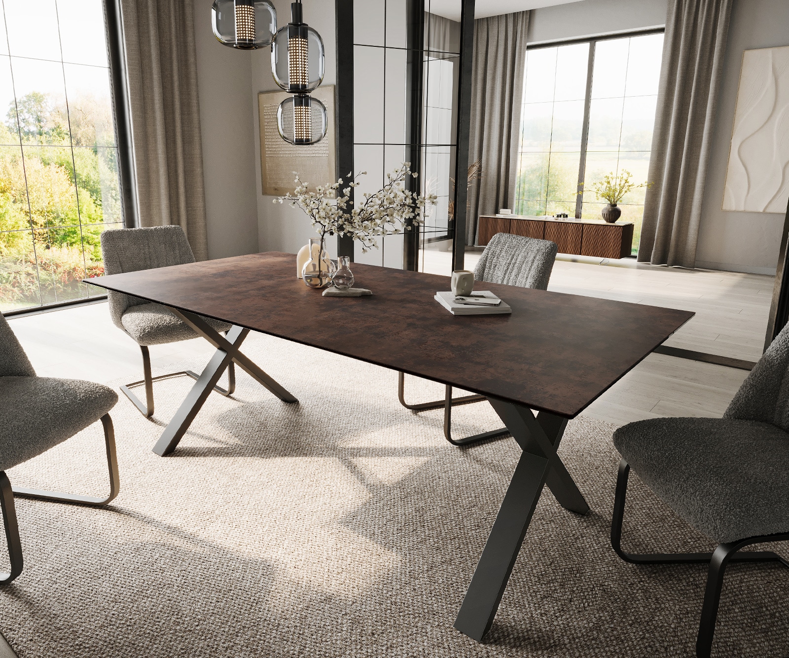 DELIFE Esstisch Edge 200x100 Glas Antique-braun X-Gestell Metall Schwarz