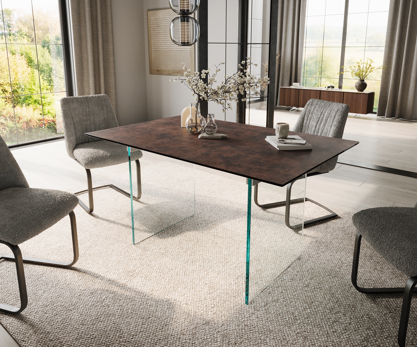 DELIFE Esstisch Edge 140x90 Glas Antique-braun Gestell Glas