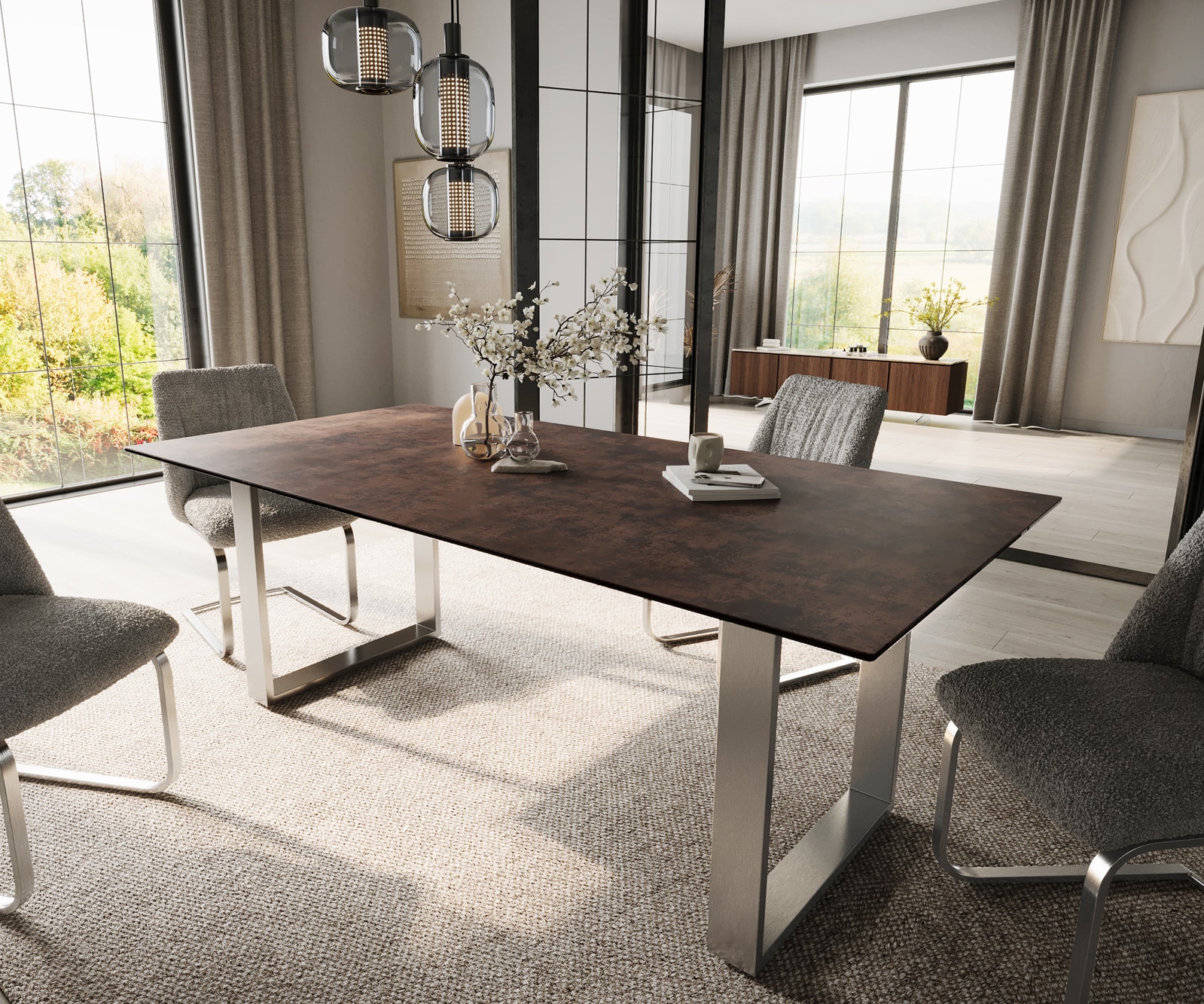 DELIFE Esstisch Edge 200x100 Glas Antique-braun Edelstahl Schmal