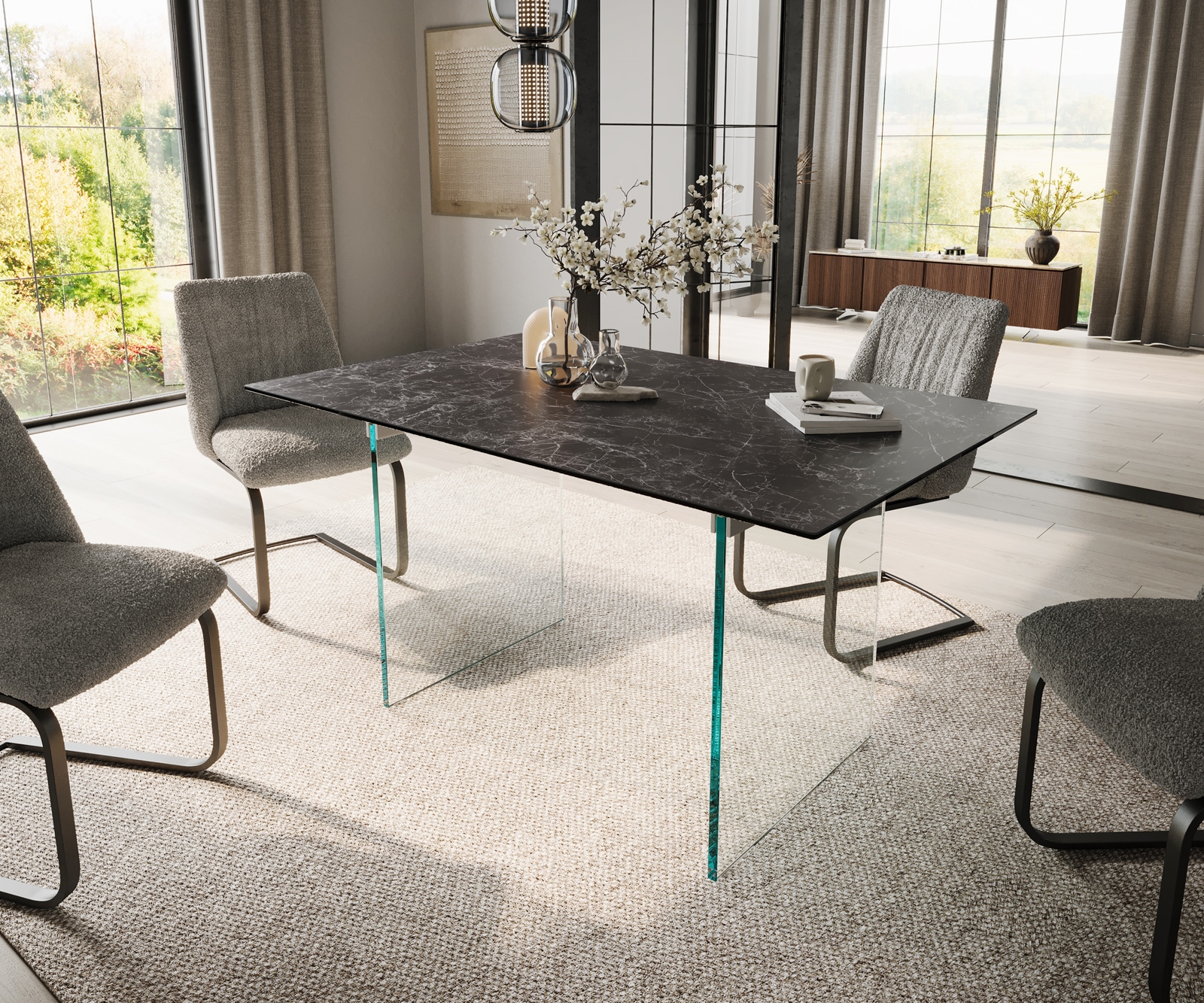 DELIFE Esstisch Edge 140x90 Keramik LaminamNero Greco Anthrazit Gestell Glas