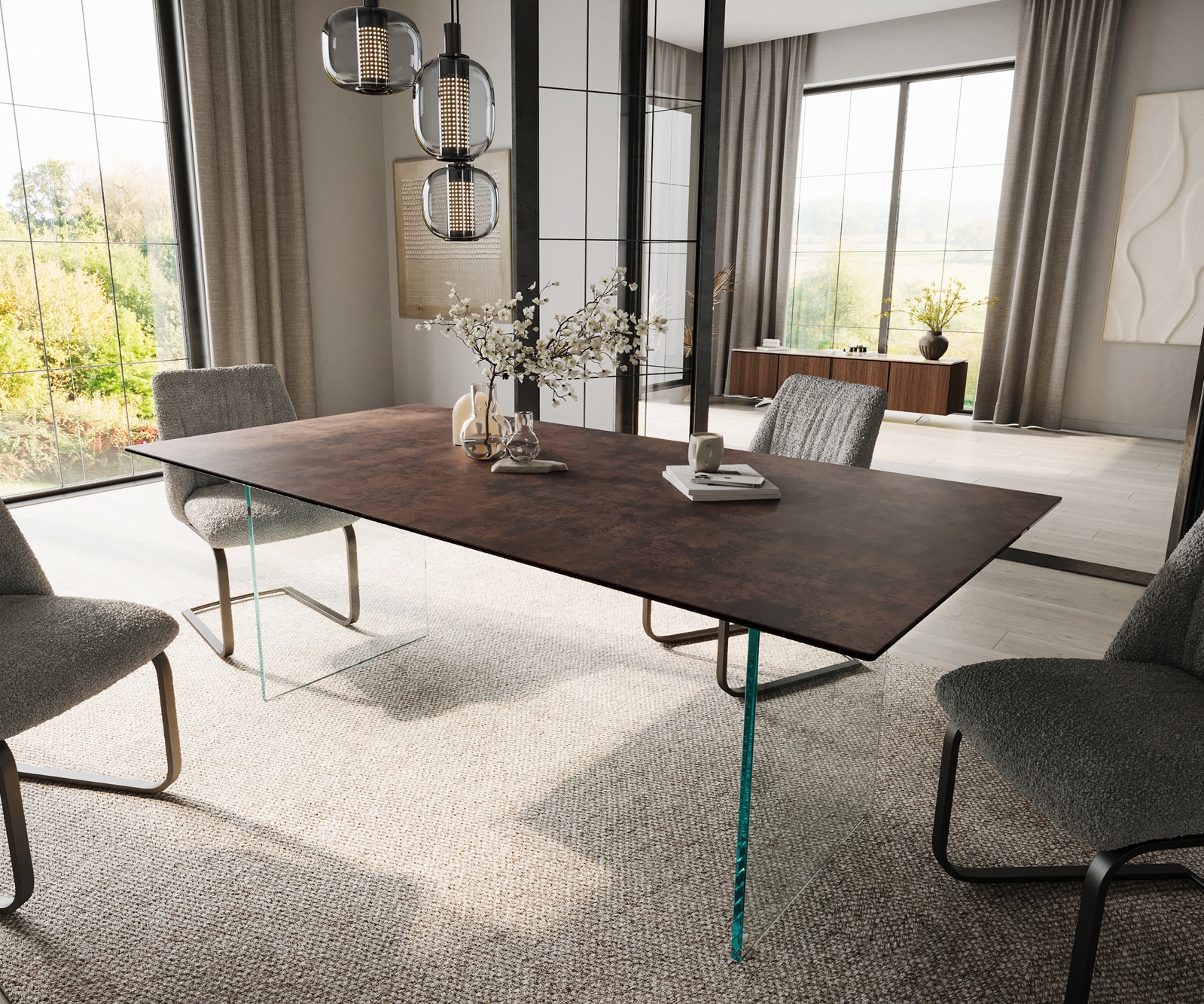 DELIFE Esstisch Edge 200x100 Glas Antique-braun Gestell Glas