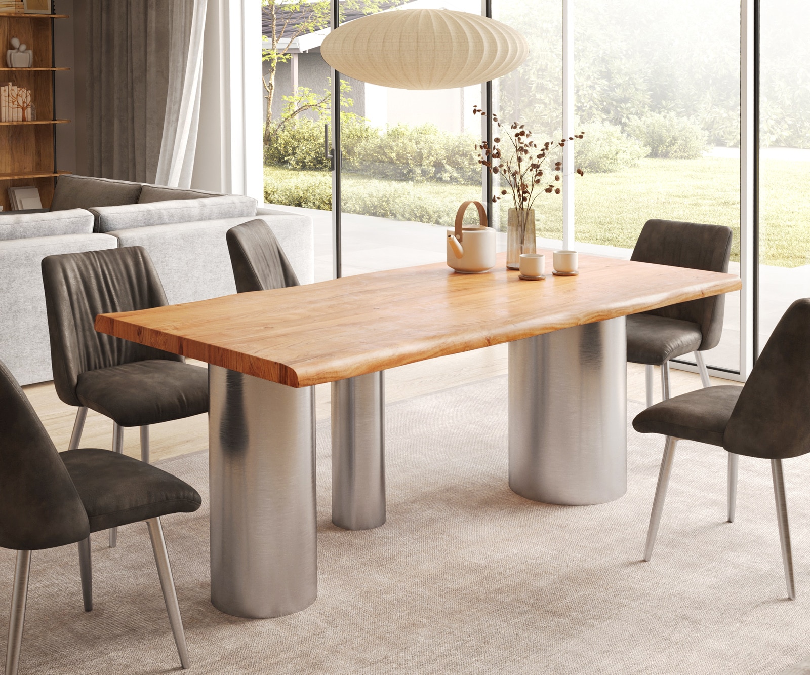DELIFE Esstisch Edge 200x100 XL Akazie Natur Troa Edelstahl gebürstet Live-Edge