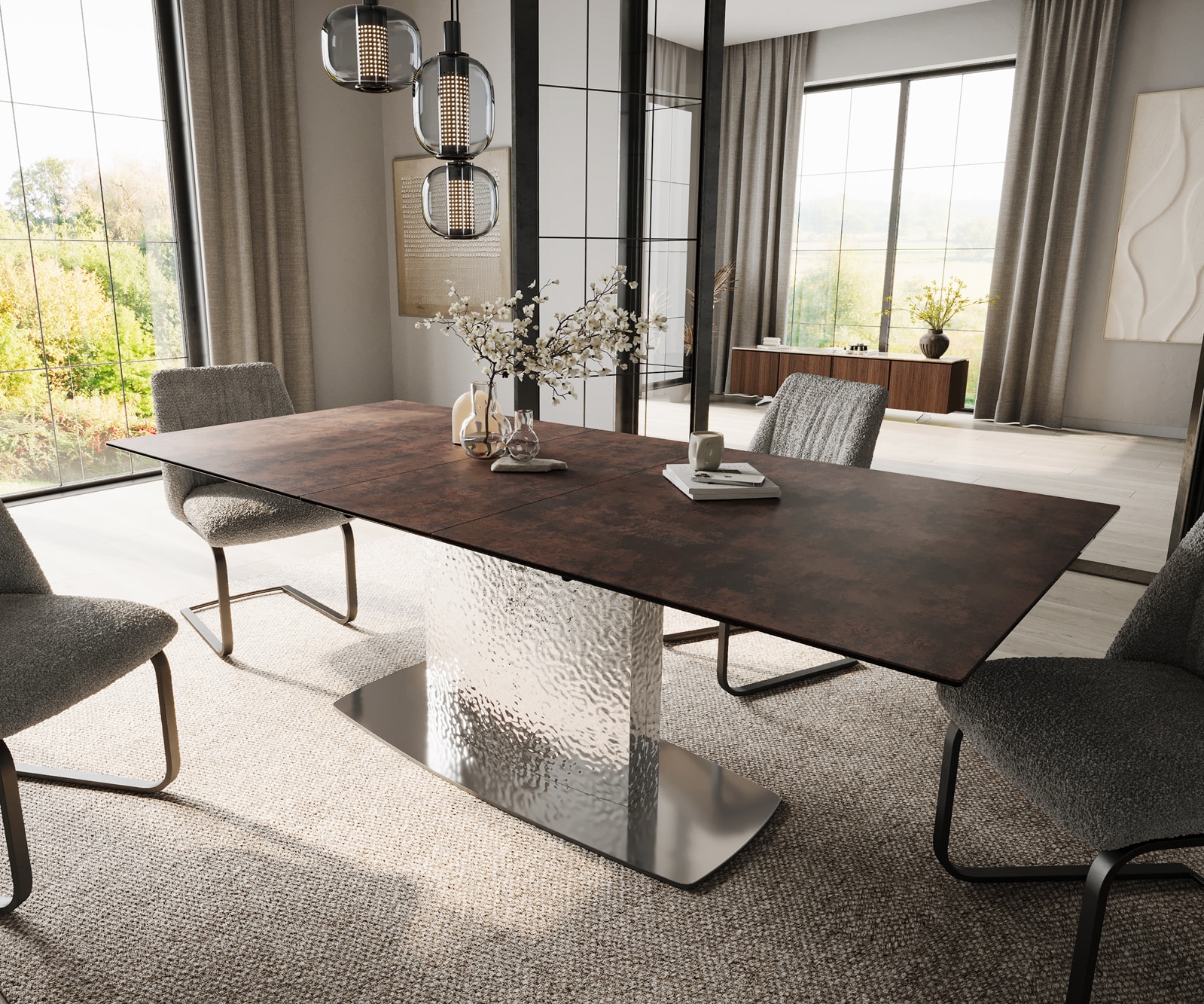 DELIFE Esstisch Edge 180-220x90 Glas Antique-braun Wave Edelstahl ausziehbar