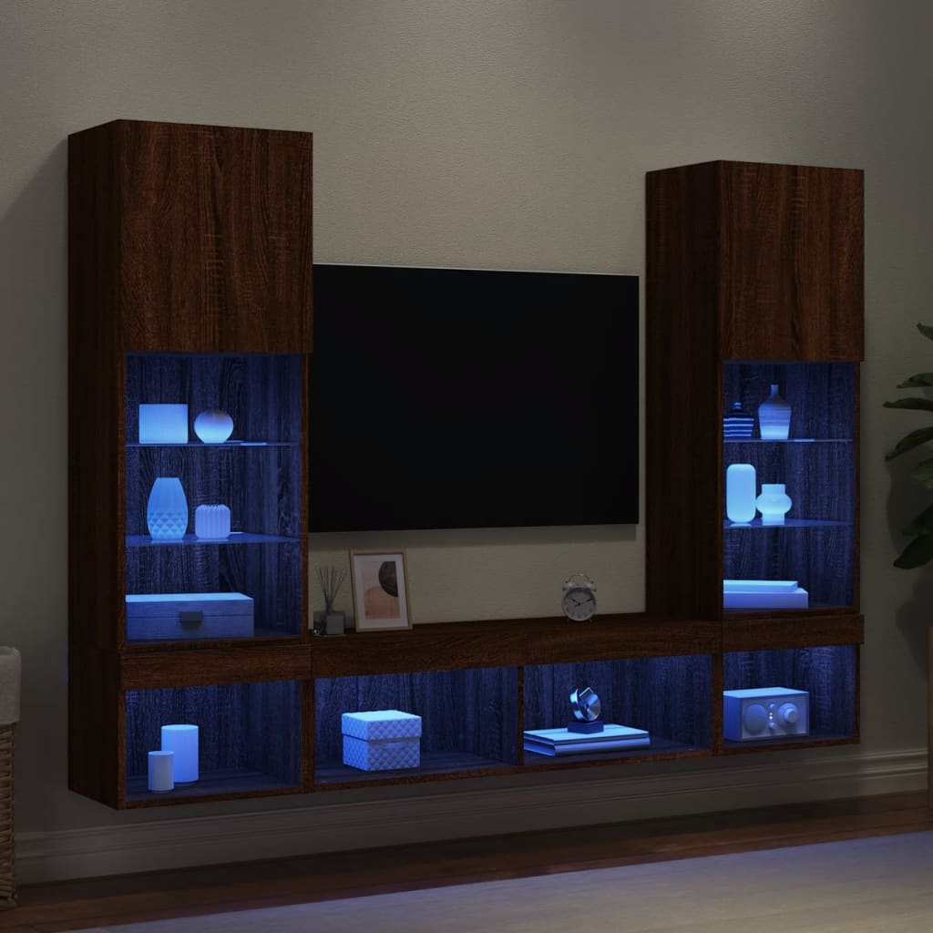 VidaXL 5-delige Tv-wandmeubelset met LED bewerkt hout bruineikenkleur
