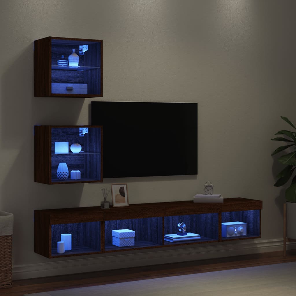 VidaXL 5-delige Tv-wandmeubelset met LED bewerkt hout bruineikenkleur