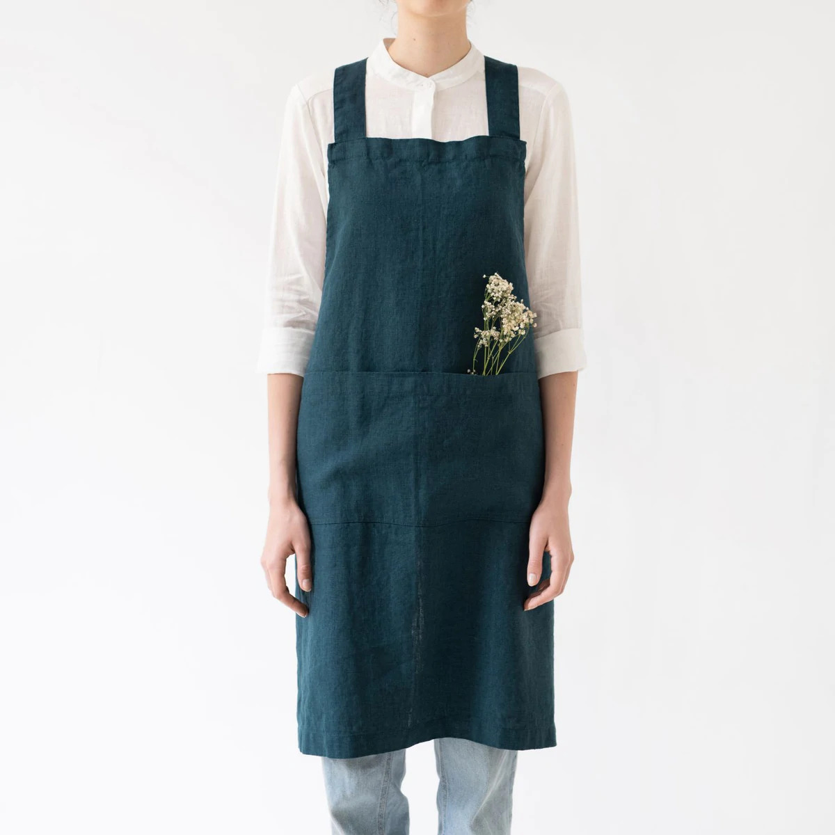 Linen Tales  linnen keukenschort kruisband - deep water