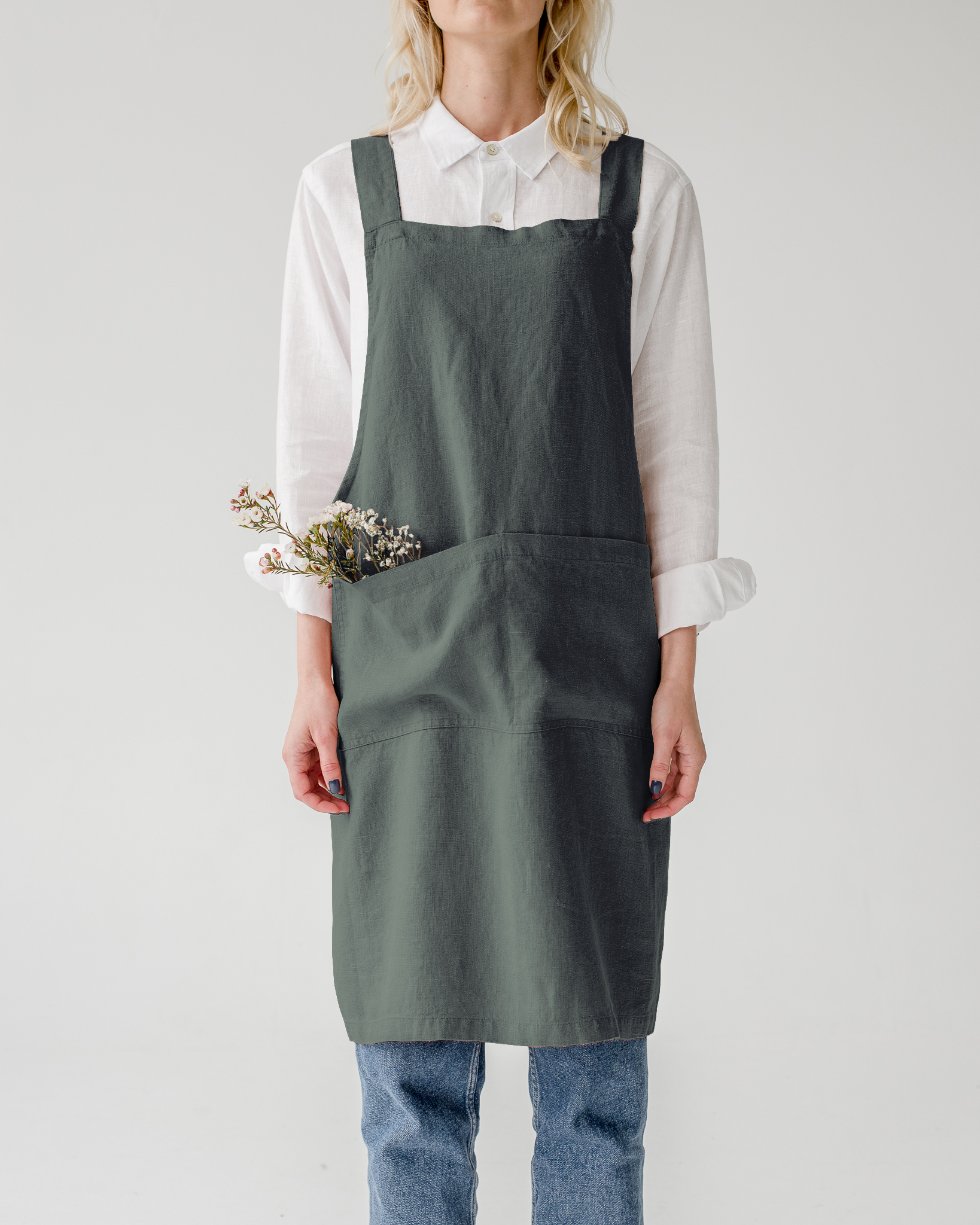 Linen Tales  linnen keukenschort kruisband - forest green