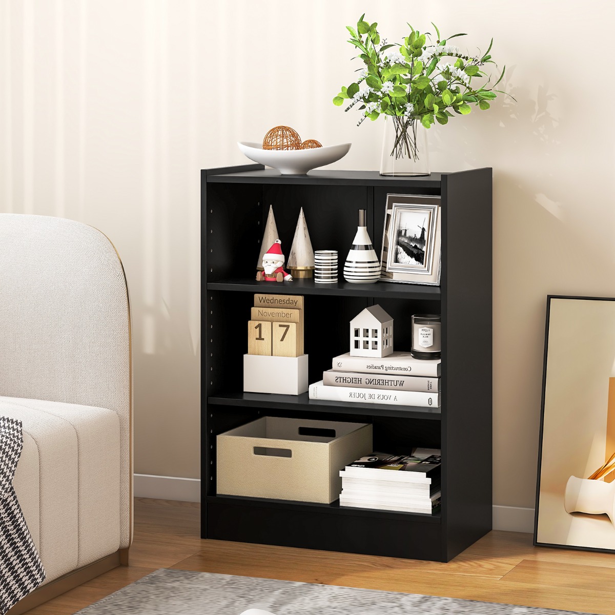 Costway Boekenkast Staand Rek met 3 Vakken Multifunctioneel Opbergrek met Verstelbare Planken en Anti-kantelbeveiliging 30 x 50 x 75 cm Zwart
