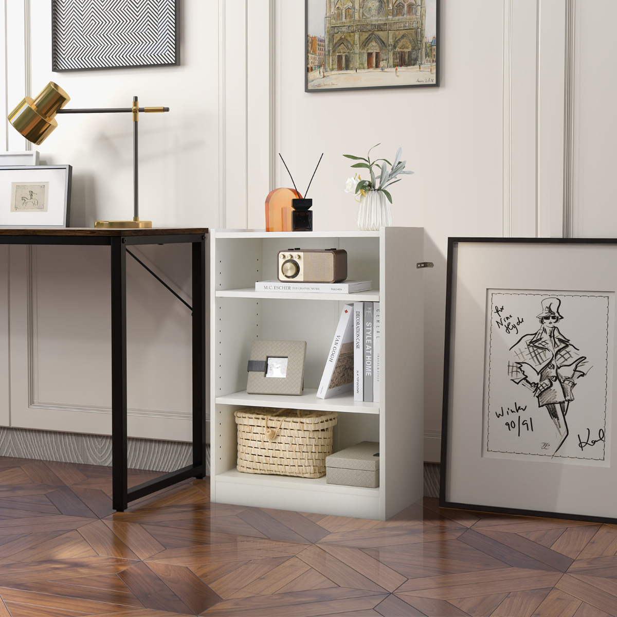Costway Boekenkast Staand Rek met 3 Vakken Plank met Verstelbare Planken 30 x 50 x 75 cm Wit