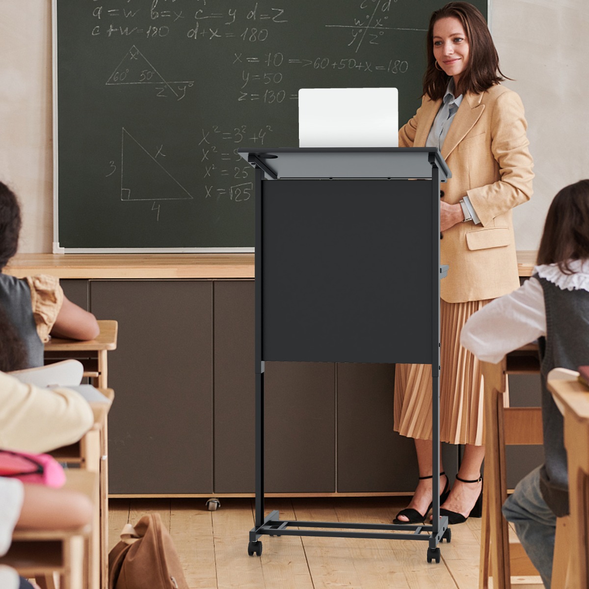 Costway Verstelbaar Sta Bureau Sta-Zit Bureau op Wielen Mobiel Staand Bureau met Tafelblad & Opbergruimte Laptoptrolley voor Kantoor
