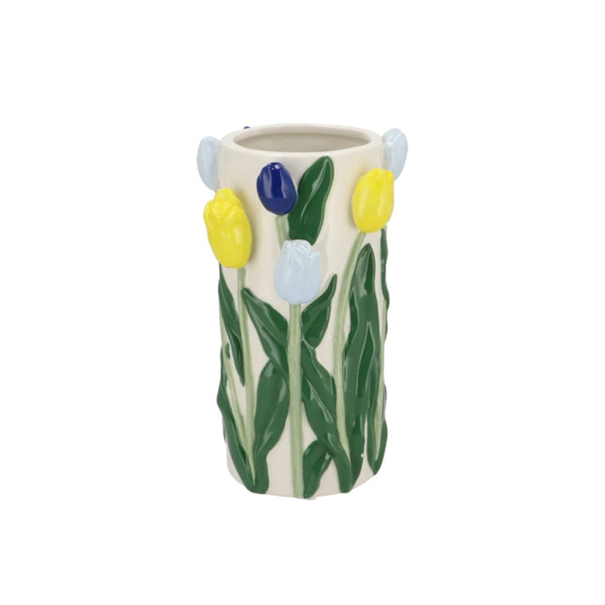 DK Design Bloemenvaas Tulipa - blauw/geel - D14 x H23 cm - tulpen vaas -