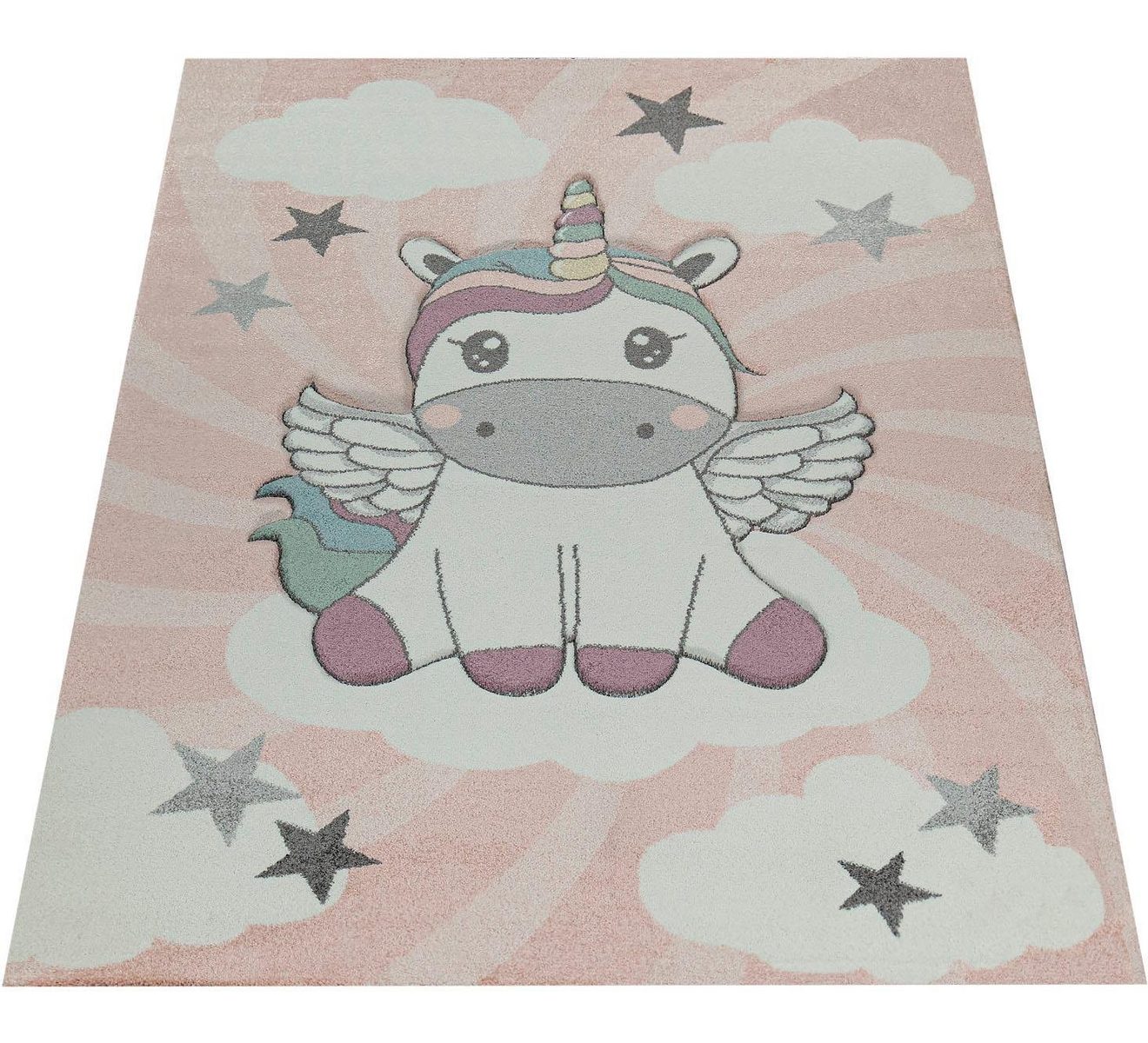 Paco Home Kindervloerkleed Cosmo 395 3d-design, schattige eenhoorn motief, pastelkleuren, kinderkamer