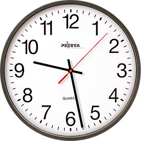 PEWETA kwarts wandklok met stil uurwerk Ø 250 mm, zwarte kunststof behuizing, 1,5 V batterijvoeding