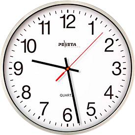 PEWETA kwarts-wandklok met stil uurwerk Ø 250 mm, zilverkleurige kunststof behuizing, 1,5 V batterijvoeding