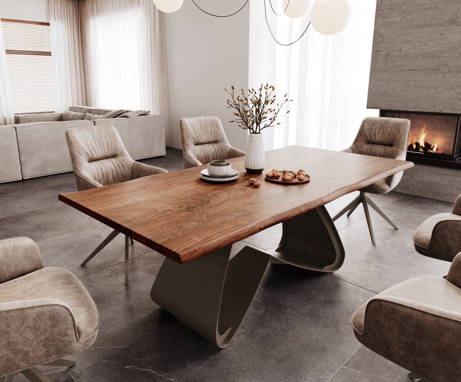 DELIFE Esstisch Edge 200x100 Akazie Braun W-Gestell Metall Effektfinish Titan Live-Edge