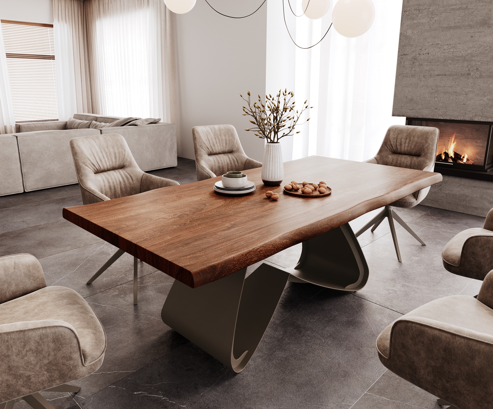 DELIFE Esstisch Edge 200x100 XL Akazie Braun W-Gestell Metall Effektfinish Titan Live-Edge