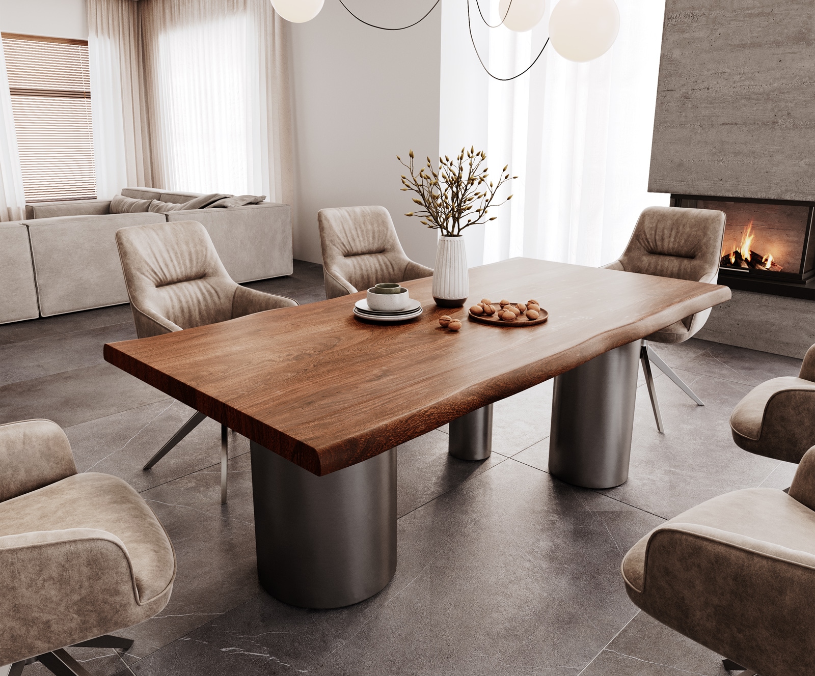 DELIFE Esstisch Edge 200x100 XL Akazie Braun Troa Edelstahl Graphit Live-Edge