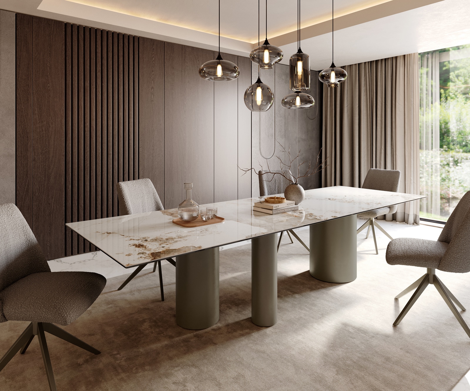 DELIFE Esstisch Edge 300x100 Keramik Minas Melange Weiß-Beige Troa Metall Effektfinish Titan